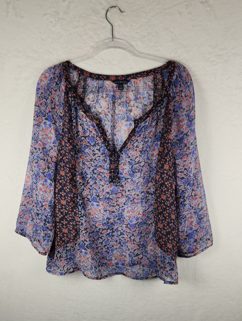 American Eagle Outfitters Boho Floral Print Purple Sheer V Neck Peasant Top XL